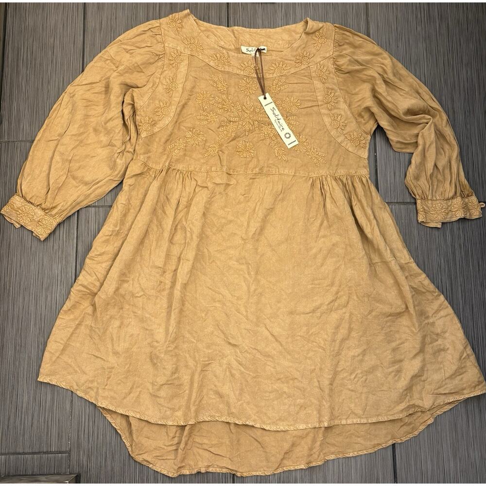 Solitaire Camel Color Hippie Boho Tunic Dress Embroidered Floral Details Large